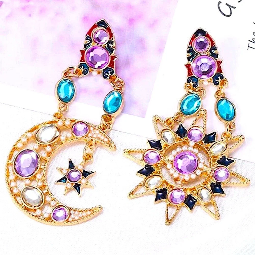 Celestial Moon Star Gold Plated Dangle Earrings Statement accent Stones - Picture 9 of 14